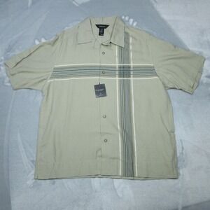 Claiborne Shirt Mens Small Tan Rayon Short Sleeve Camp Button Up Striped